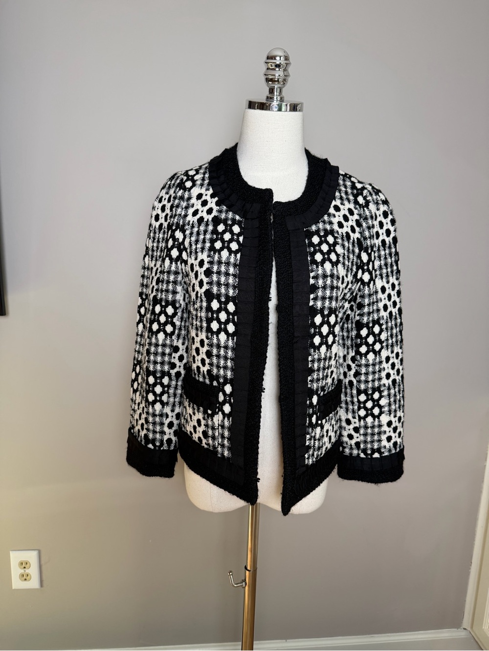 Milly Black and White Patterned Open-Front Jacket Size 10